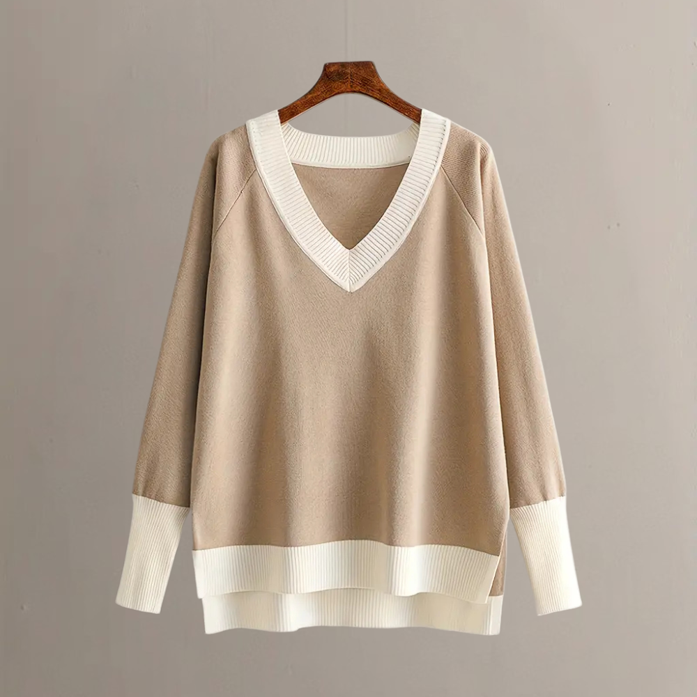 Two-Piece Outfit, Color Block V-Neck Long Sleeve Sweater and Trousers Combo