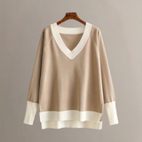 Two-Piece Outfit, Color Block V-Neck Long Sleeve Sweater and Trousers Combo