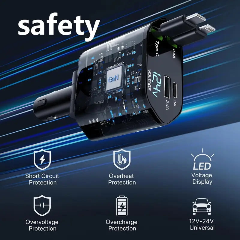 4-in-1 Fast Car Charger with Extendable 80.01cm Cable, USB & Type-C Ports