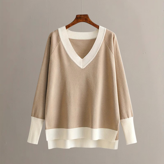 Two-Piece Outfit, Color Block V-Neck Long Sleeve Sweater and Trousers Combo